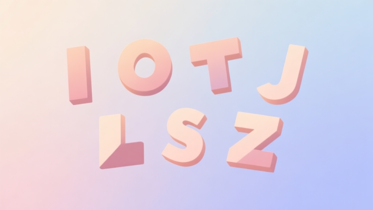 自动生成图片: A minimalist, clean illustration of the seven classic Tetromino shapes (I, O, T, L, J, S, Z) floating against a soft gradient background in pastel colors, each with a distinct subtle shade high quality illustration, detailed, 16:9