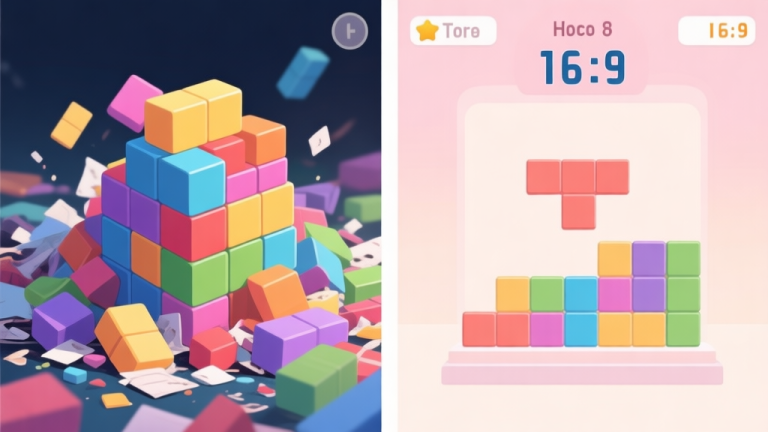自动生成图片: Split-screen illustration showing a messy, chaotic stack of colorful Tetris-like blocks on the left side, and a clean, organized stack with a high score counter on the right side, using a soft pastel color palette high quality illustration, detailed, 16:9