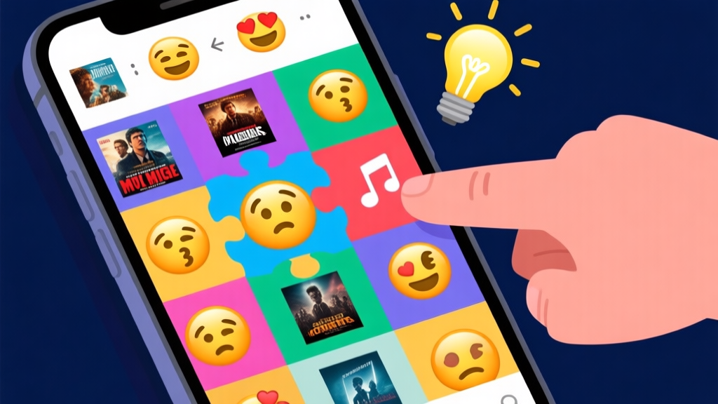 A vibrant collage of various emoji puzzles on a smartphone screen, showing combinations for movie titles, songs, and common phrases, with a hand pointing at one in confusion and then with an lightbulb moment high quality illustration, detailed, 16:9