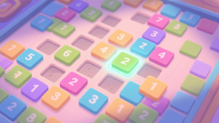 自动生成图片: A top-down view of a vibrant but cluttered puzzle game board, with numbered and colored tiles in a soft pastel palette. Some tiles are highlighted with a subtle glow, suggesting potential merge opportunities, while others are dimmed, indicating poor placement. high quality illustration, detailed, 16:9