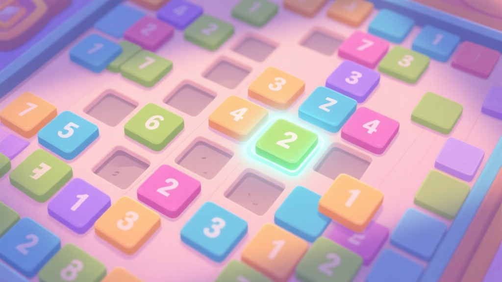 A top-down view of a vibrant but cluttered puzzle game board, with numbered and colored tiles in a soft pastel palette. Some tiles are highlighted with a subtle glow, suggesting potential merge opportunities, while others are dimmed, indicating poor placement. high quality illustration, detailed, 16:9