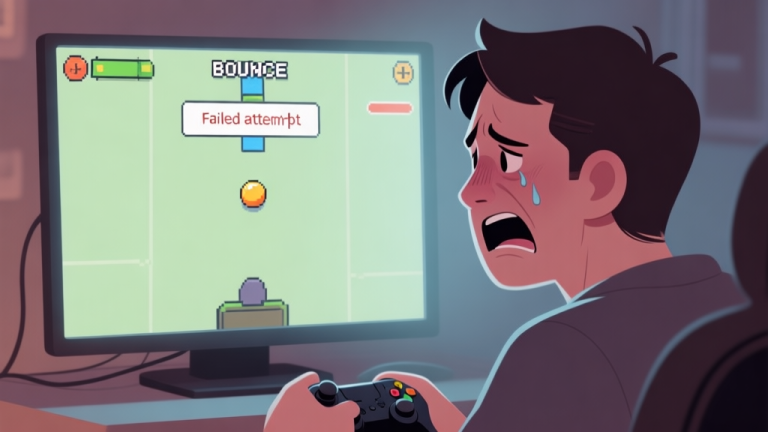 自动生成图片: A frustrated gamer looking at a screen showing a bounce ball game with a failed attempt message, soft lighting, muted colors, focusing on the emotional struggle high quality illustration, detailed, 16:9