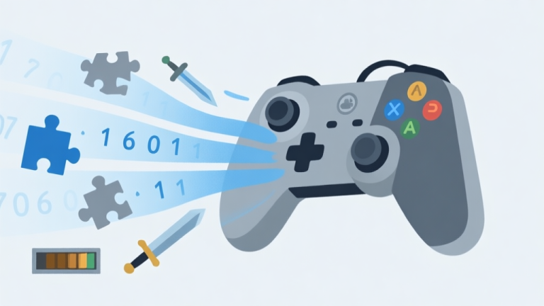 自动生成图片: A clean, minimalist illustration showing a game controller with numbers flowing out like a secret code, blending into icons of puzzle pieces, swords, and resource bars. Soft blue and grey color scheme. high quality illustration, detailed, 16:9