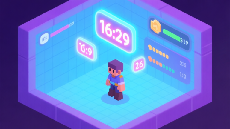 自动生成图片: A vibrant, isometric view inside a video game UI, showing glowing numbers and stats floating above a character, with a subtle grid pattern in the background, soft blues and purples color scheme high quality illustration, detailed, 16:9