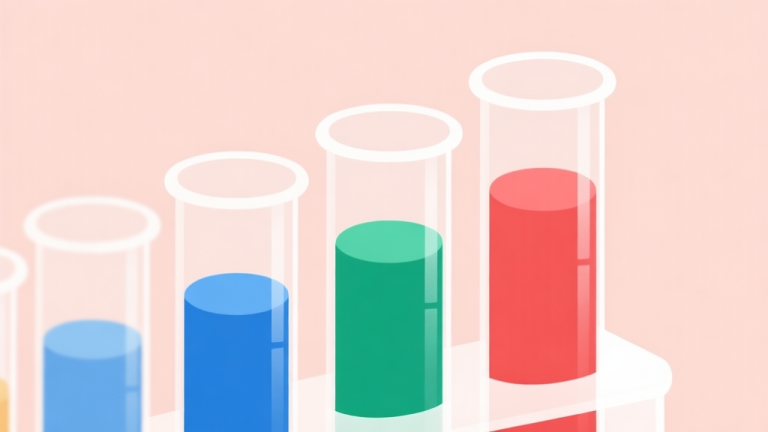 自动生成图片: A minimalist, calming illustration of several transparent test tubes on a soft pastel background, with colorful liquids in blue, green, and red neatly sorted, one color per tube high quality illustration, detailed, 16:9