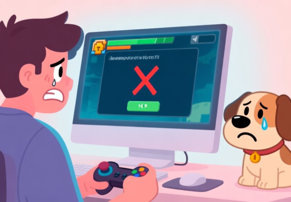 自动生成图片: A frustrated gamer looking at a computer screen showing a game error message, with a cartoon dog character from a game looking sad in the corner, soft pastel color palette high quality illustration, detailed, 16:9