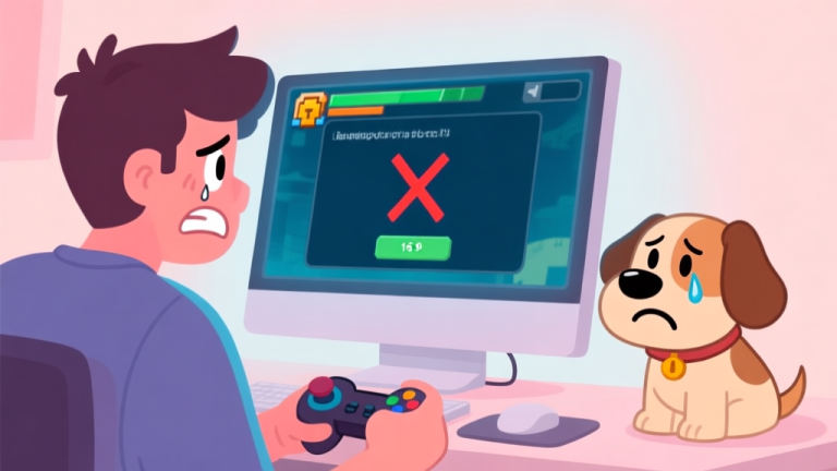 自动生成图片: A frustrated gamer looking at a computer screen showing a game error message, with a cartoon dog character from a game looking sad in the corner, soft pastel color palette high quality illustration, detailed, 16:9