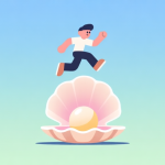 自动生成图片: A minimalist, clean illustration of a game character mid-jump on top of a bouncing shell, against a soft gradient background of pastel blues and greens, flat design style high quality illustration, detailed, 16:9