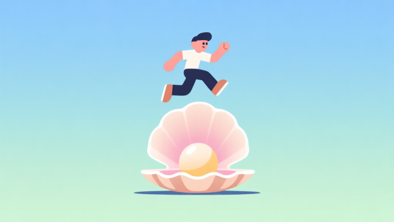 自动生成图片: A minimalist, clean illustration of a game character mid-jump on top of a bouncing shell, against a soft gradient background of pastel blues and greens, flat design style high quality illustration, detailed, 16:9