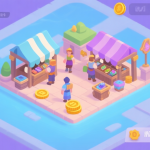 自动生成图片: A vibrant, isometric view of a bustling fantasy game marketplace interface, with icons representing coins, item listings, and avatars trading. Soft pastel color palette with blues and purples, clean UI design. high quality illustration, detailed, 16:9