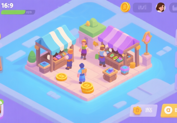 自动生成图片: A vibrant, isometric view of a bustling fantasy game marketplace interface, with icons representing coins, item listings, and avatars trading. Soft pastel color palette with blues and purples, clean UI design. high quality illustration, detailed, 16:9