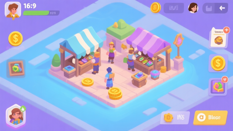自动生成图片: A vibrant, isometric view of a bustling fantasy game marketplace interface, with icons representing coins, item listings, and avatars trading. Soft pastel color palette with blues and purples, clean UI design. high quality illustration, detailed, 16:9