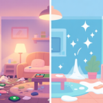 自动生成图片: A cozy, softly lit game scene showing a before-and-after contrast of a messy virtual room versus a perfectly clean and organized one, with satisfying visual effects like sparkles, flat design style, pastel colors high quality illustration, detailed, 16:9