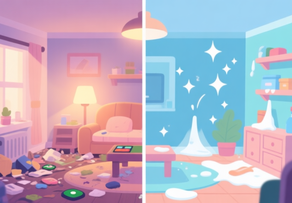 自动生成图片: A cozy, softly lit game scene showing a before-and-after contrast of a messy virtual room versus a perfectly clean and organized one, with satisfying visual effects like sparkles, flat design style, pastel colors high quality illustration, detailed, 16:9
