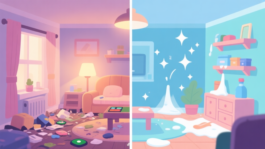 A cozy, softly lit game scene showing a before-and-after contrast of a messy virtual room versus a perfectly clean and organized one, with satisfying visual effects like sparkles, flat design style, pastel colors high quality illustration, detailed, 16:9