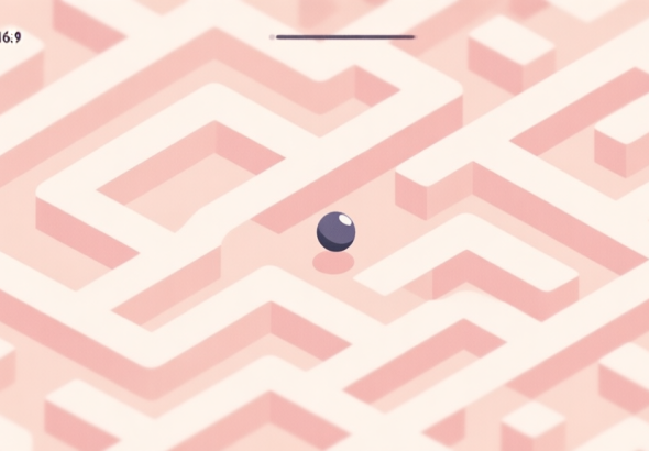 自动生成图片: A minimalist, soft-colored game screen showing a complex pattern of lines and shapes, with a single small ball almost invisibly blended into the background, creating a 'seek and find' challenge, flat design style high quality illustration, detailed, 16:9