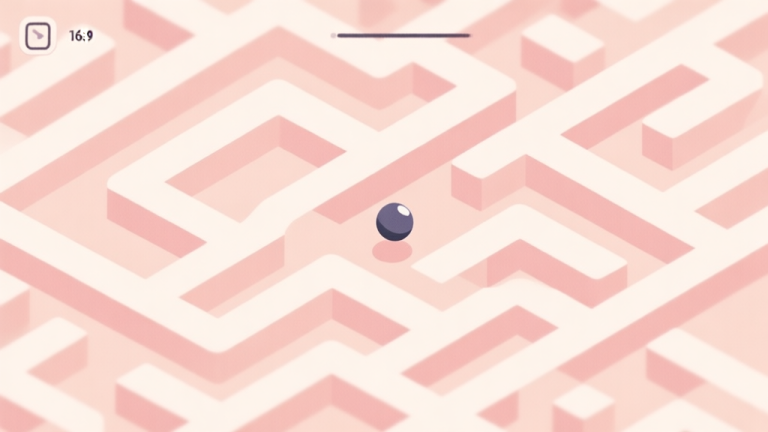 自动生成图片: A minimalist, soft-colored game screen showing a complex pattern of lines and shapes, with a single small ball almost invisibly blended into the background, creating a 'seek and find' challenge, flat design style high quality illustration, detailed, 16:9