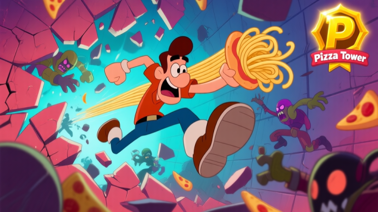 自动生成图片: A dynamic, fast-paced 2D animation still of Peppino Spaghetti mid-air, performing a dash attack through a cascade of breakable walls and enemies in the vibrant, wobbly art style of Pizza Tower, with a glowing golden "P" rank symbol in the corner high quality illustration, detailed, 16:9