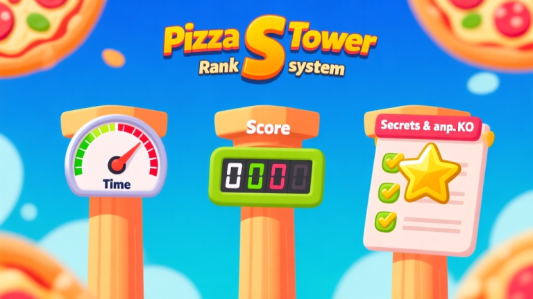 自动生成图片: A stylized, energetic infographic showing the three pillars of Pizza Tower's Rank S system: a speedometer (Time), a multiplying combo counter (Score), and a checklist with a golden star (Secrets & KO). Cartoonish, vibrant, and clean. high quality illustration, detailed, 16:9