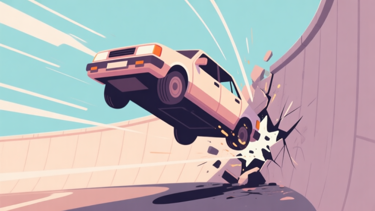 自动生成图片: A stylized 2D side-view illustration of a Zeepkist car in mid-air, moments before a controlled crash into a curved wall, with motion lines indicating a strategic redirection of momentum, soft color palette with highlights on impact points high quality illustration, detailed, 16:9