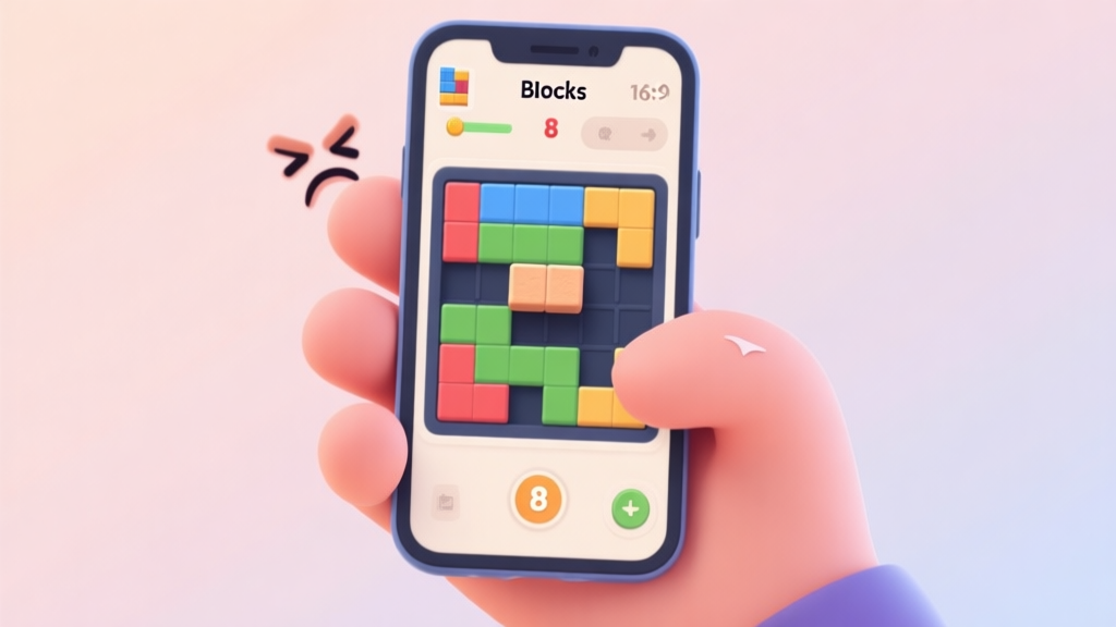 A stylized, slightly frustrated hand holding a smartphone showing a complex Blocks 8 puzzle board with one stubborn block left, soft pastel background, clean game UI illustration high quality illustration, detailed, 16:9