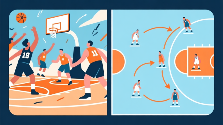 自动生成图片: Split-screen illustration showing a chaotic basketball game on one side and an organized, strategic play diagram with moving arrows and player positions on the other, in a clean vector style with a soft blue and orange color scheme high quality illustration, detailed, 16:9