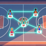 自动生成图片: A dynamic, stylized top-down view of a basketball court in video game art style, showing five player icons with position abbreviations (PG, SG, SF, PF, C) connected by glowing lines, set against a minimalist court diagram high quality illustration, detailed, 16:9