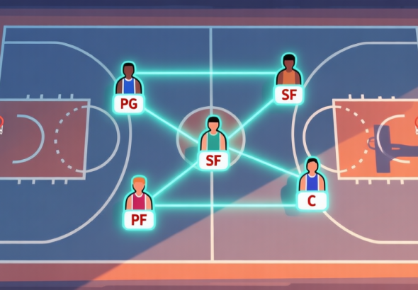 自动生成图片: A dynamic, stylized top-down view of a basketball court in video game art style, showing five player icons with position abbreviations (PG, SG, SF, PF, C) connected by glowing lines, set against a minimalist court diagram high quality illustration, detailed, 16:9