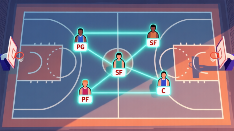 自动生成图片: A dynamic, stylized top-down view of a basketball court in video game art style, showing five player icons with position abbreviations (PG, SG, SF, PF, C) connected by glowing lines, set against a minimalist court diagram high quality illustration, detailed, 16:9