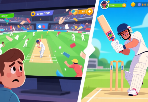 自动生成图片: A split-screen image showing a confused new player looking at a chaotic cricket game screen on one side, and a confident player executing a perfect shot on a clean, intuitive game UI on the other, in a cartoonish game art style high quality illustration, detailed, 16:9