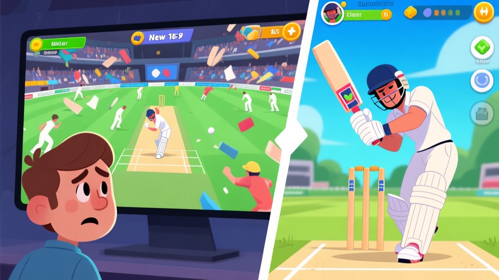 A split-screen image showing a confused new player looking at a chaotic cricket game screen on one side, and a confident player executing a perfect shot on a clean, intuitive game UI on the other, in a cartoonish game art style high quality illustration, detailed, 16:9