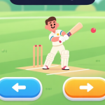 自动生成图片: A simple, friendly mobile game screenshot style showing a cartoon cricket batsman in a relaxed stance, with large, clear on-screen buttons for swing and shot direction, on a soft green field background high quality illustration, detailed, 16:9