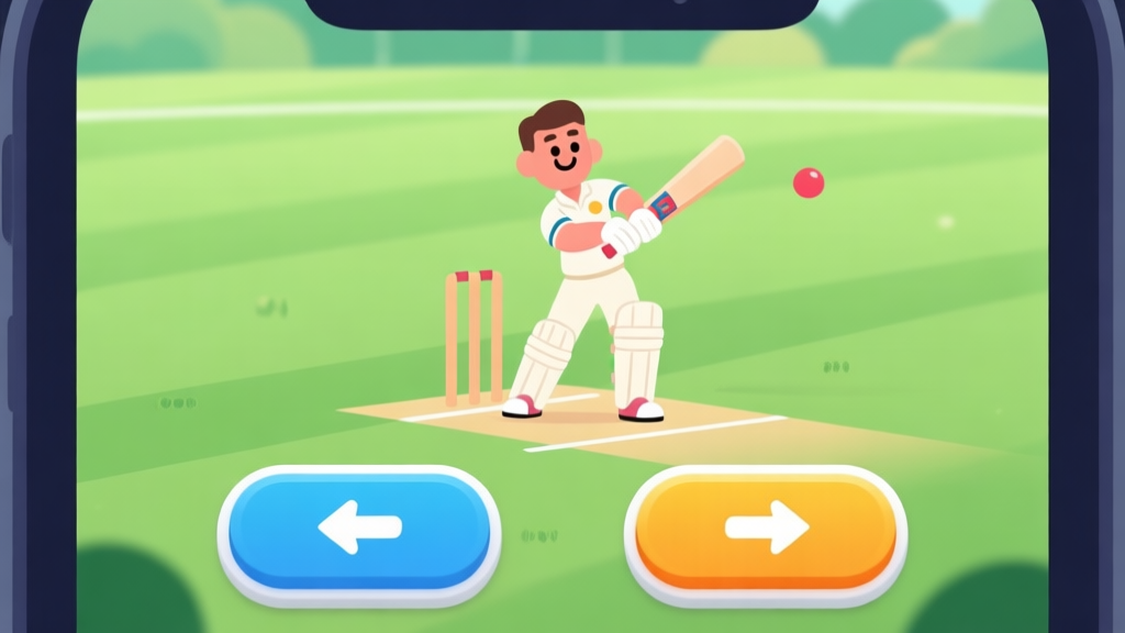 A simple, friendly mobile game screenshot style showing a cartoon cricket batsman in a relaxed stance, with large, clear on-screen buttons for swing and shot direction, on a soft green field background high quality illustration, detailed, 16:9