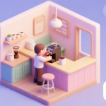 自动生成图片: A cozy, isometric view of a small cafe interior in soft pastel colors, with a player character placing a coffee machine on a counter, budget and happiness meters visible as minimalist UI elements in the corner high quality illustration, detailed, 16:9