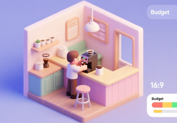 自动生成图片: A cozy, isometric view of a small cafe interior in soft pastel colors, with a player character placing a coffee machine on a counter, budget and happiness meters visible as minimalist UI elements in the corner high quality illustration, detailed, 16:9
