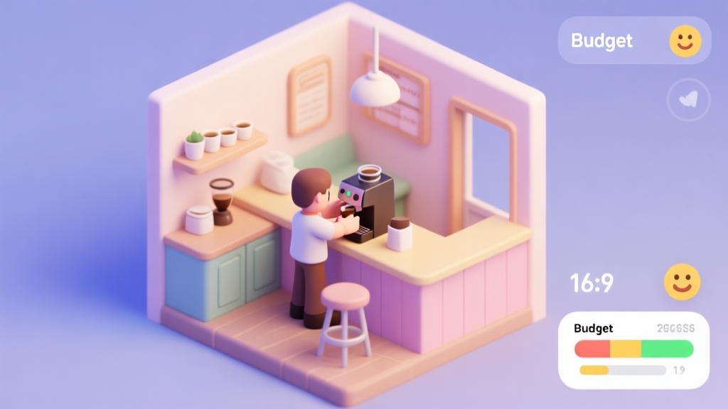 A cozy, isometric view of a small cafe interior in soft pastel colors, with a player character placing a coffee machine on a counter, budget and happiness meters visible as minimalist UI elements in the corner high quality illustration, detailed, 16:9